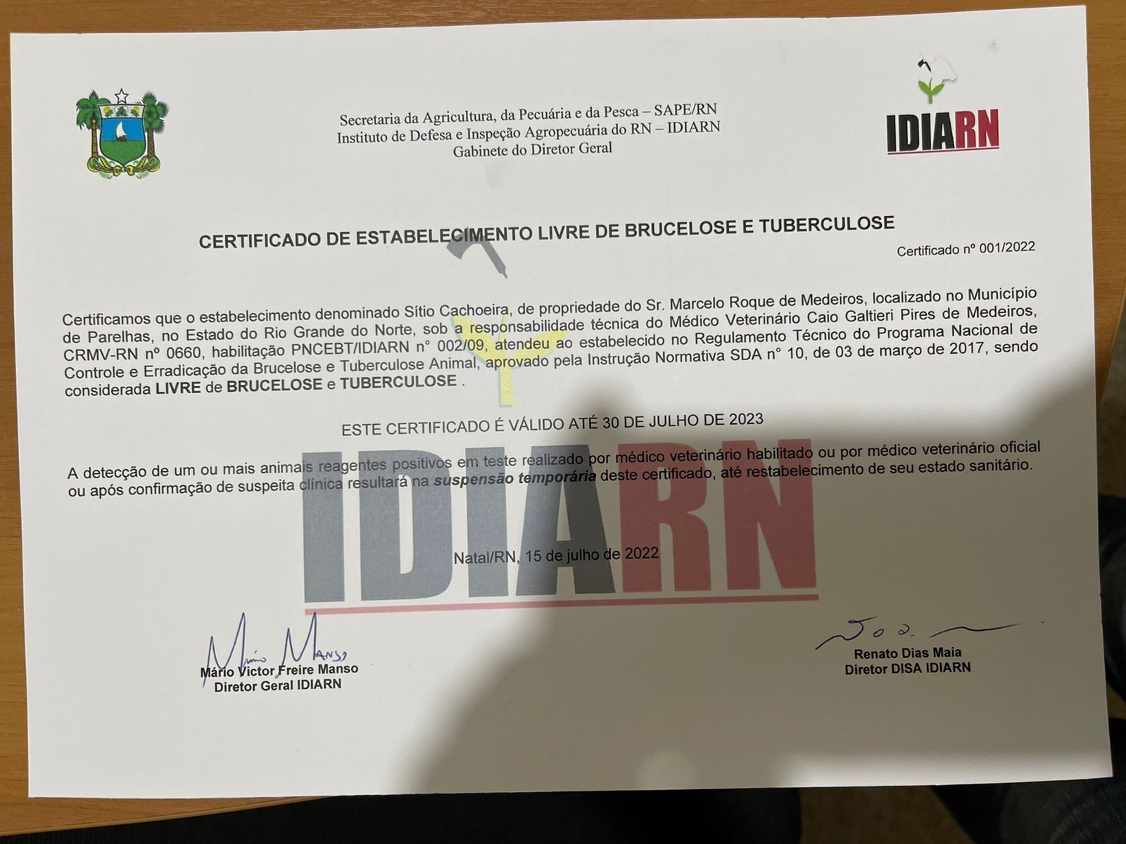 Certificado emitido pelo IDIARN
